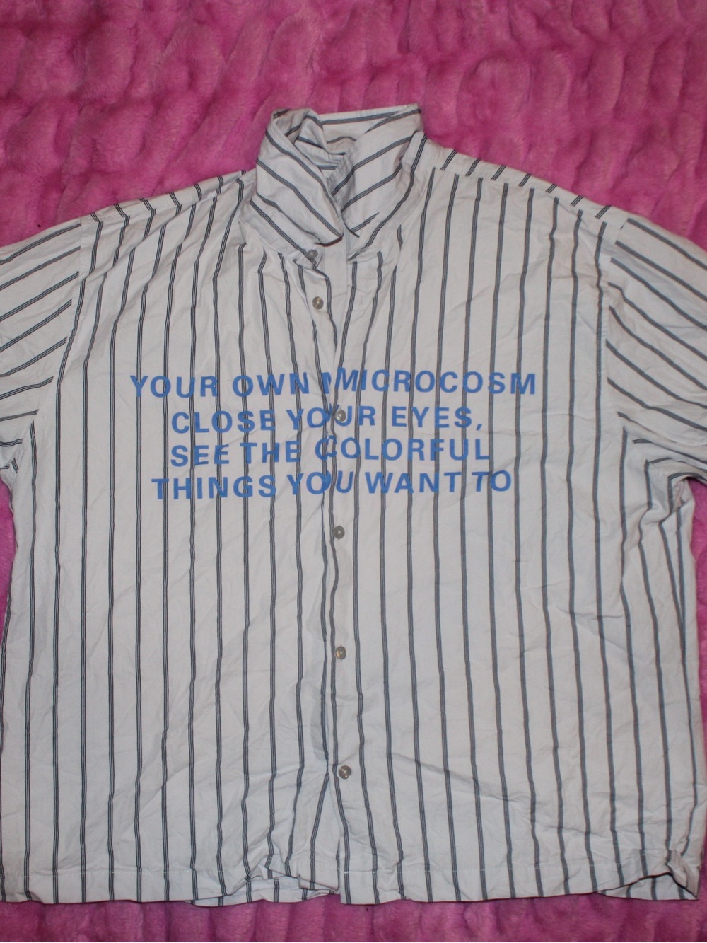 Zara White Button-Down Shirt with Blue Vertical Stripes and Blue Text